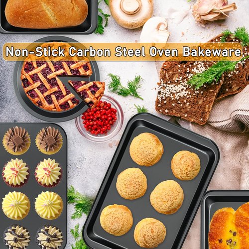 Mobzio Kitchen Nonstick Bakeware Set - 5-Piece Round/Square Cake Pans, Muffin Pan & More