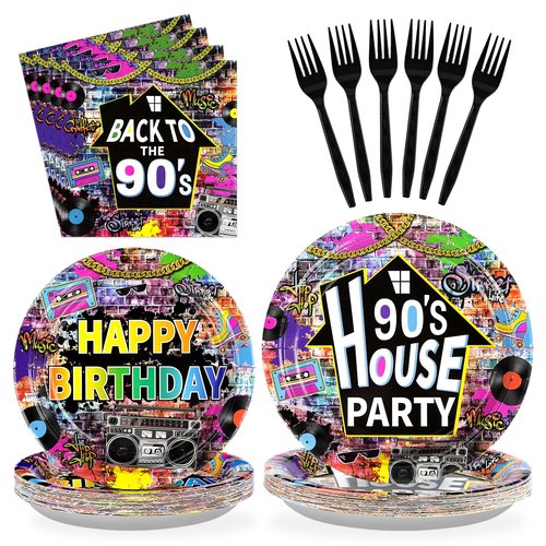 96 Pcs 90's House Party Supplies Disposable 90s Party Paper Plates and Napkins Retro Graffiti Wall Back To The 90' Tableware Set for Men Women 90s Birthday Hip Hop Party Decorations Serves 24