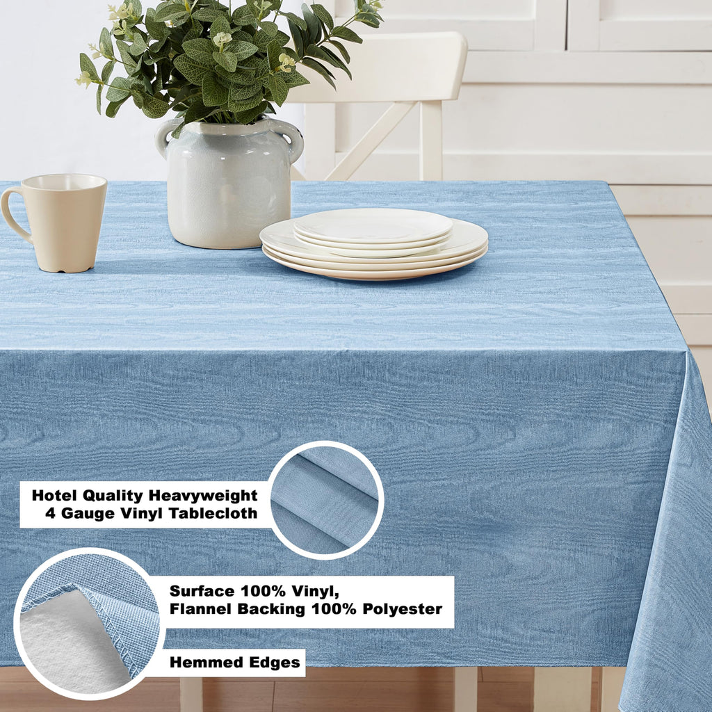Newbridge Vinyl Flannel Backed Tablecloth, 52 x 52 Inch Square, Blue Moire Wavy Solid Design, Heavyweight Indoor Outdoor Waterproof Table Cover, Easy Care Wipe Clean