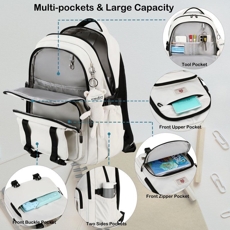 Hidds School Backpack for Teen Girls Women College Laptop Backpacks 3 Pcs Kids Cute Bookbag Set with Lunch Box Pencil Case Elementary Middle High School Bag Students Backpack Set Travel Daypack-Beige