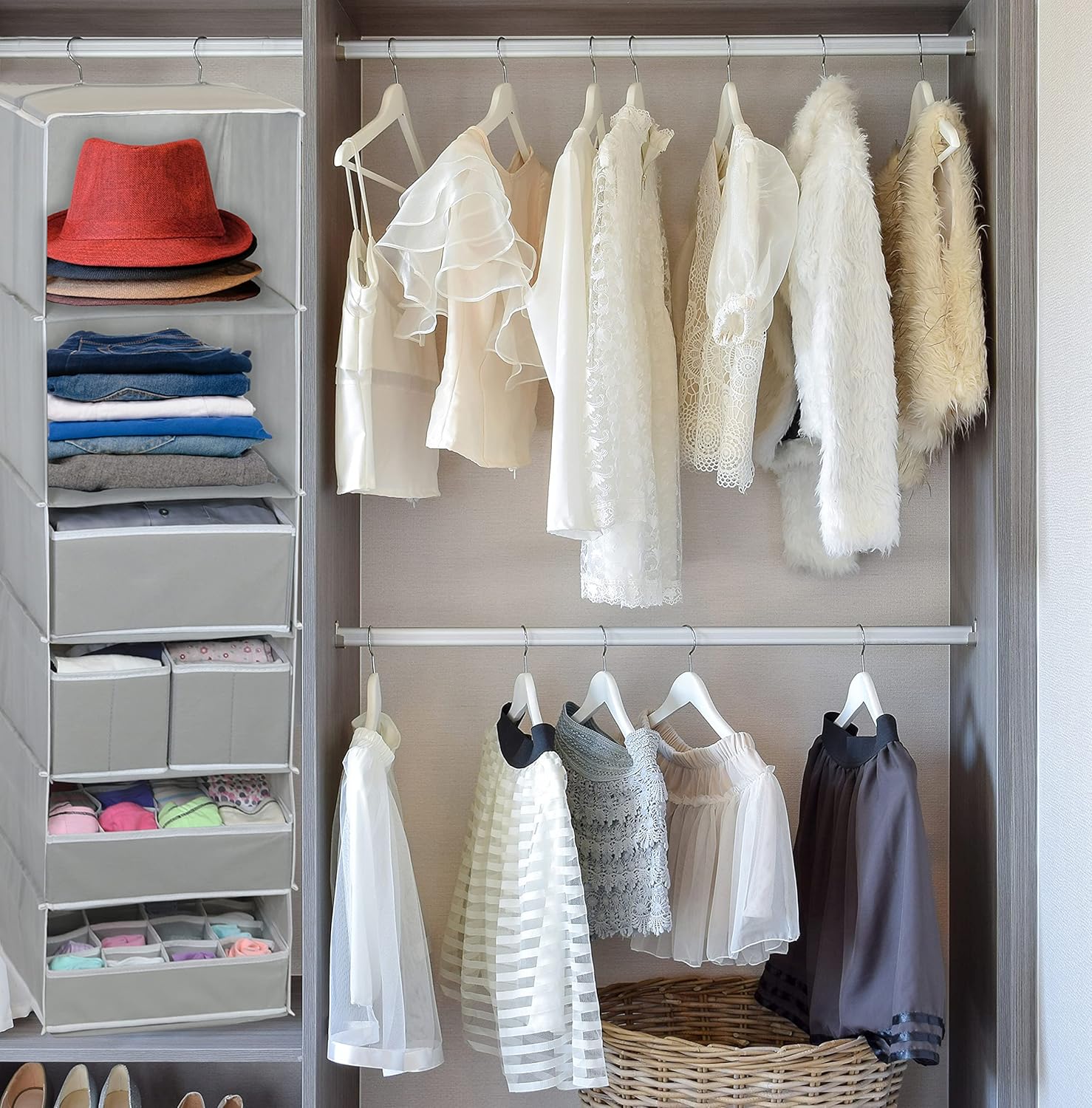 Simple Houseware 6-Shelf Hanging Closet Organizer - Gray with 5 Storage Drawers