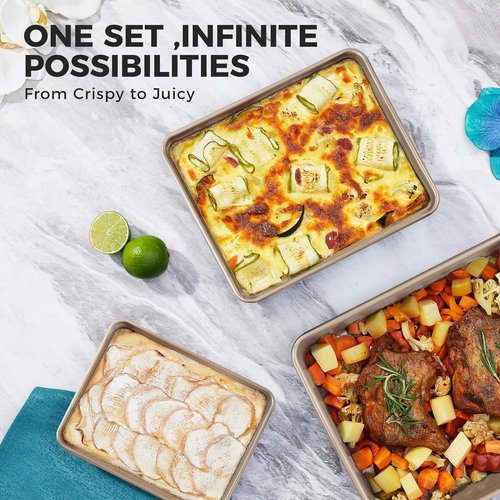 HONGBAKE Nonstick Deep Baking Pans Set - 3 Rectangular Oven Trays for Brownies & Lasagna | 13/11/9 Inch