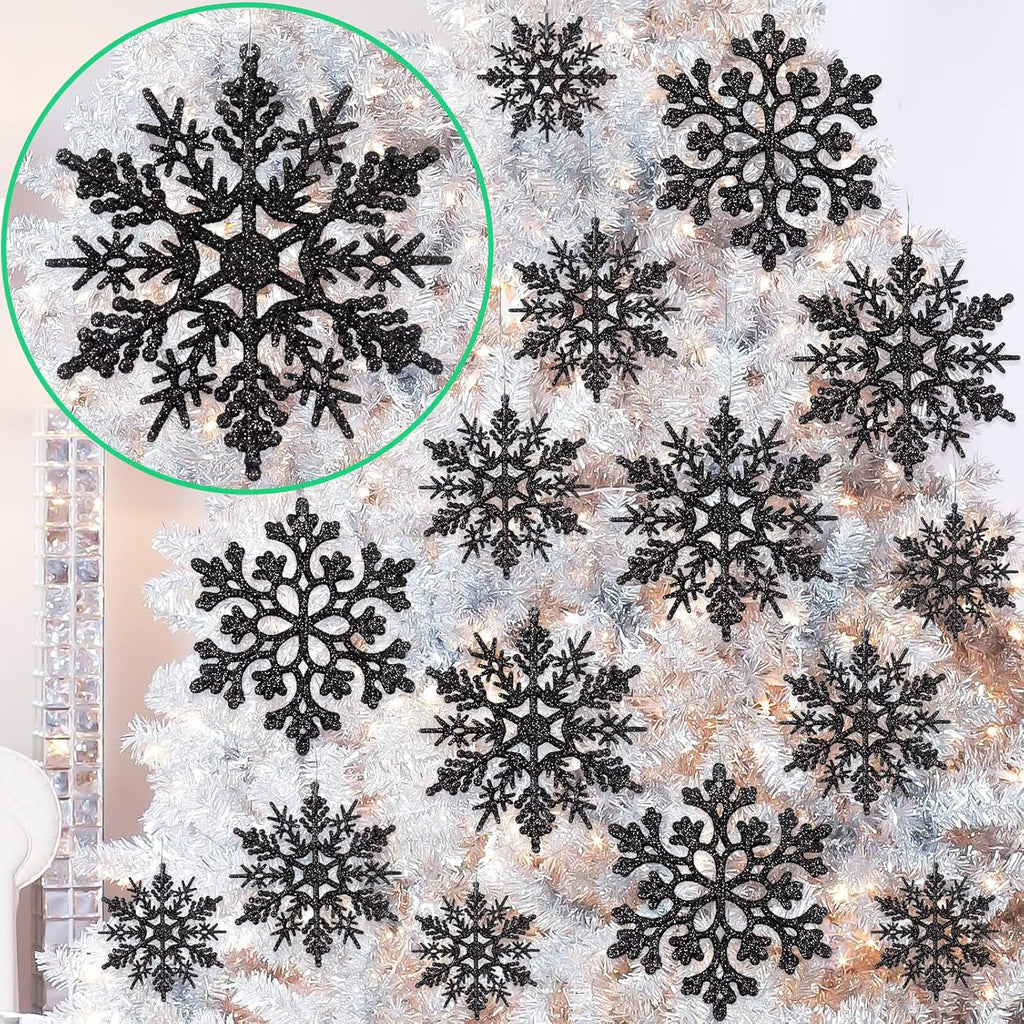 Skiennix 36-Piece Black Christmas Snowflake Ornaments - Glittery Hanging Decor for Winter Wonderland