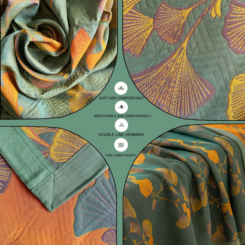 Bifqioy Ginkgo Leaf Cotton Quilt Dark Green Orange Reversible King Size Bedspread Coverlet for All Seasons Lightweight Muslin Quilt Throw Blanket for Bed, Couch