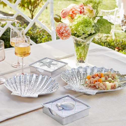 MARIPOSA SEA STAR BEADED NAPKIN BOX SET | SILVER | BRILLANTE | GIFTS | NAPKIN BOX & WEIGHT SET | RECYCLED SANDCAST ALUMINUM | HANDMADE IN MEXICO