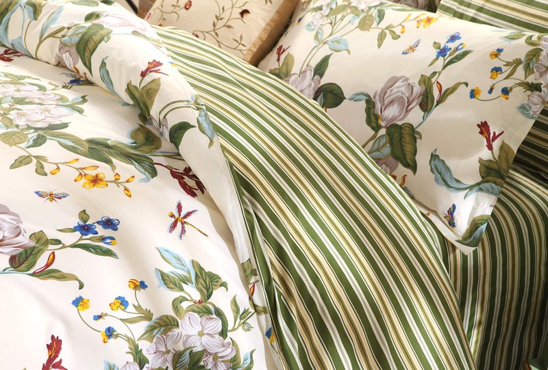 FADFAY Floral Duvet Cover Set 100% Cotton Green and Beige Striped Shabby Flower Bedding Branches Summer Bedding Reversible 600 TC Soft Zipper Comforter Cover & 2 Pillowcases，Queen