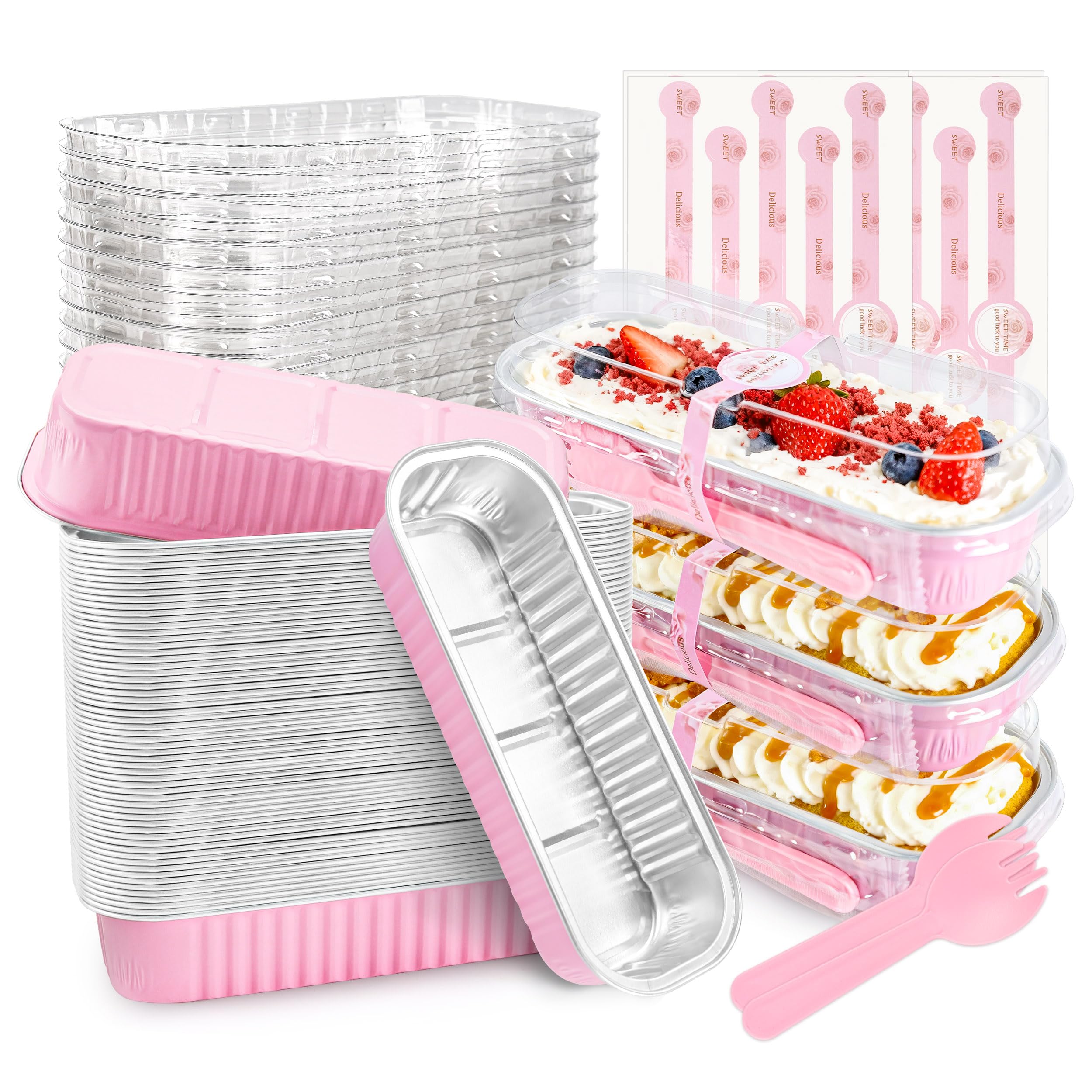 NPLUX 50 PACK Mini Cake Pans with Lids and Spoons,Rectangular Aluminum Foil Bread Pan,Mini Loaf Pans and Food Containers with Lids(Pink,6.8oz)