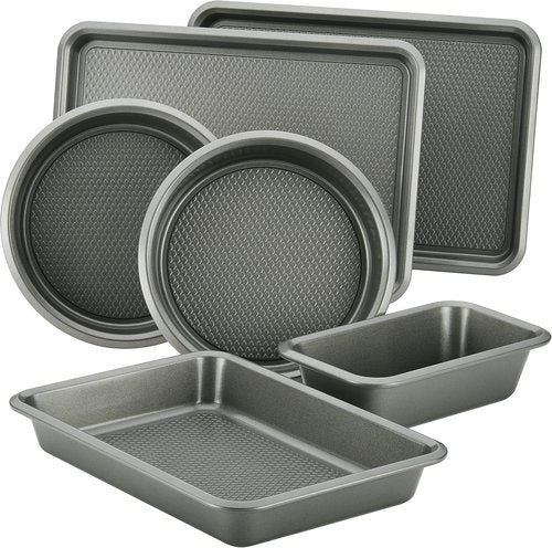 Ayesha Curry Nonstick Bakeware Set - 6-Piece Silver Set with Bread Pan, Cookie Sheet & Cake Pans