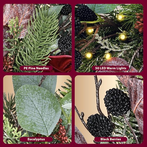 24 Inch Pre-Lit Artificial Christmas Wreath for Front Door Welcome - Realistic Frosted Eucalyptus Black Berries Red Velvet Bow - 50 LED Battery Operated Timer for Indoor Outdoor Modern Farmhouse