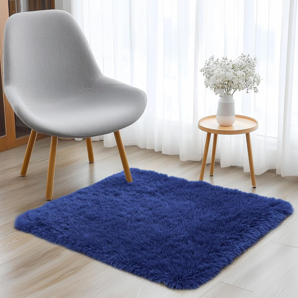 OLANLY Soft Fluffy Shaggy Bedside Rug - Machine Washable 3x3 Navy Blue Carpet for Kids & Nursery Decor