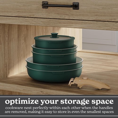 Country Kitchen Cookware Set - Removable Handle, Oven & RV Safe Pots and Pans, Sage Wood Handle