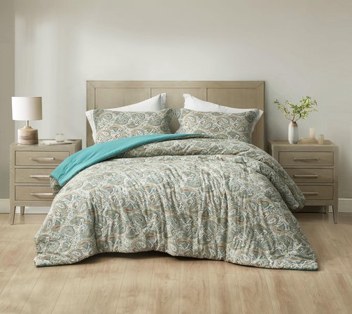 Chezmoi Collection Presley 3-Piece Queen Size Washed Cotton Paisley Comforter Set - Elegant Teal Ivory Brown Paisley Floral Printed Bedding Set Reversible Lightweight Comforter for All Season