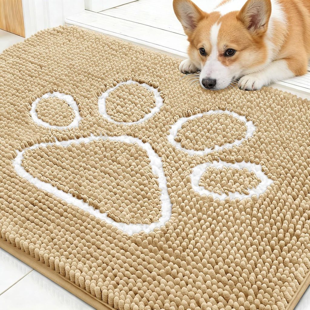 OLANLY Dog Door Mat - Absorbent Non-Slip Mud Mat for Muddy Paws | 30x20 Paw Print Design, Quick Dry Beige