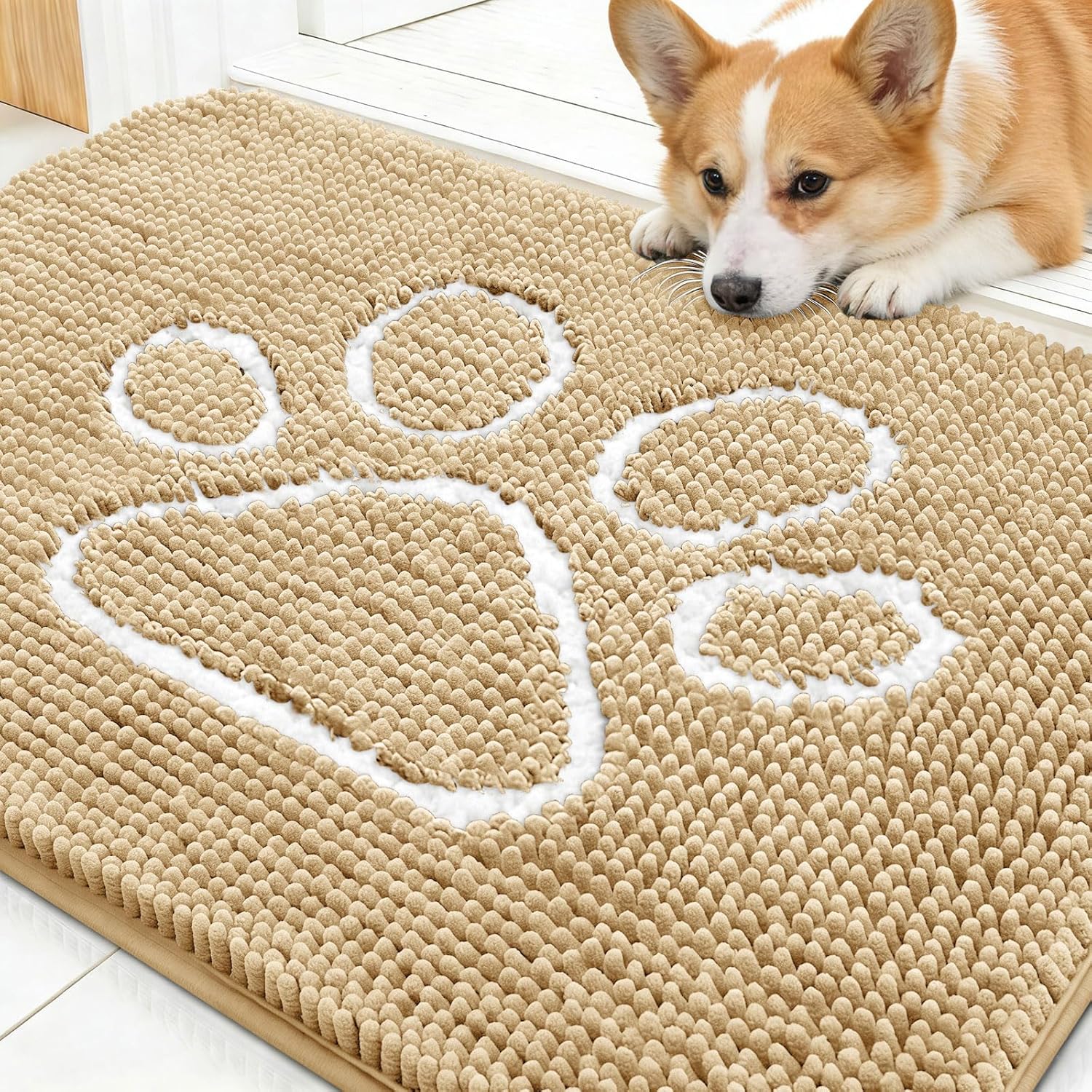 OLANLY Dog Door Mat - Absorbent Non-Slip Mud Mat for Muddy Paws | 30x20 Paw Print Design, Quick Dry Beige
