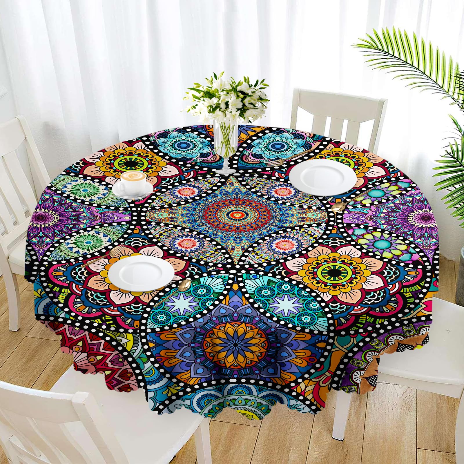 Eikione Boho Round Tablecloth 70 Inch Bohemia Table Cloth, Tablecloth Polyester Waterproof Stain Wrinkle Free, Indoor and Outdoor Round Table Cover