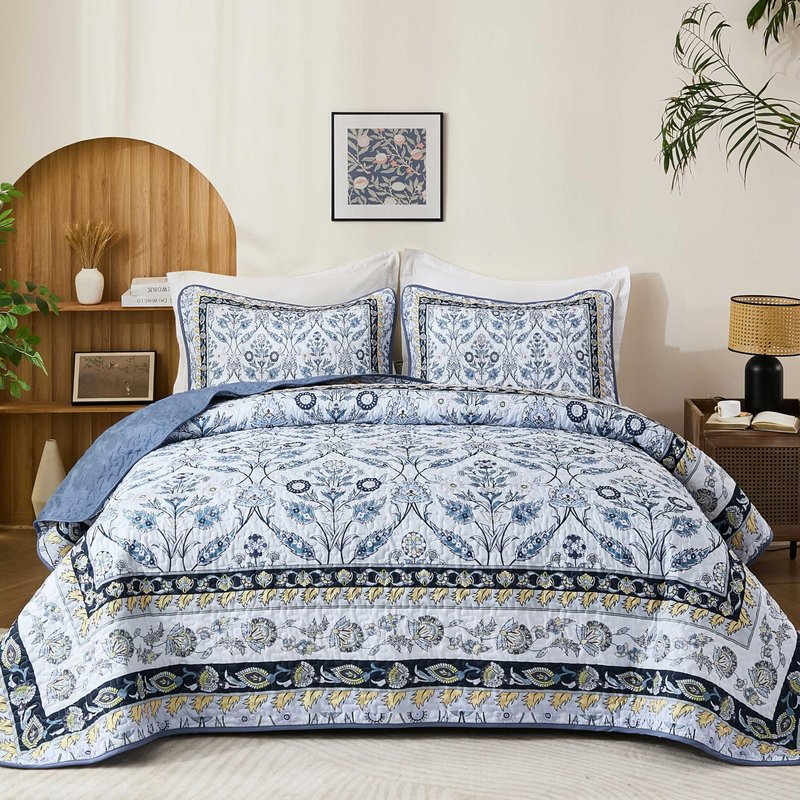 DJY King Size Quilt Sets, Navy Blue Floral Quilt Set King 3 Pieces Boho Bedspread Coverlet Set with 2 Pillowcases Soft Lightweight Microfiber Bedding for All Season (90"x104")