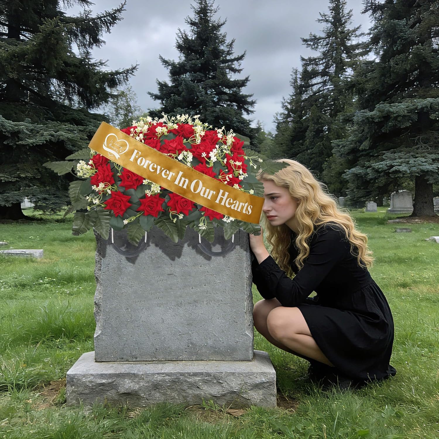 Regine Switzerland Elegant Funeral Wreath Sash - Forever in Our Hearts Memorial Ribbon (Golden)