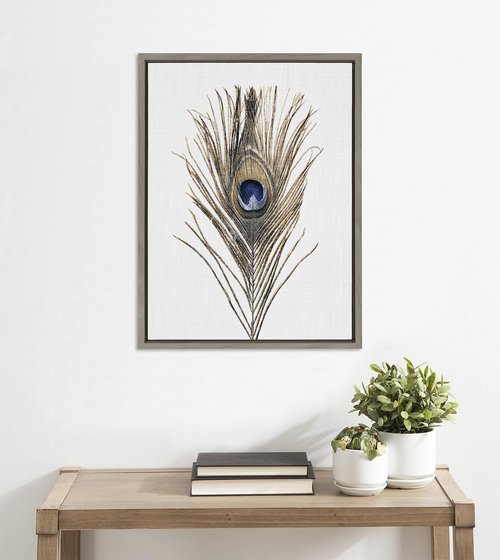 Kate and Laurel Sylvie Peacock Feather Framed Canvas Wall Art by Simon Te of Tai Prints; 18x24 Gray; Soft Animal Bird Feather Art for Wall