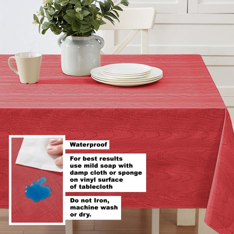 Newbridge Red Moire Wavy Solid Vinyl Flannel Backed Tablecloth, 60 x 102 Inch Rectangle, Heavyweight Indoor Outdoor Waterproof Table Cover, Easy Care Wipe Clean