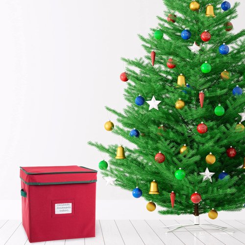 Elf Stor Christmas Decor Storage Box - Red Oxford Canvas Ornament Chest with 64 Dividers & Lid | Pack of 6