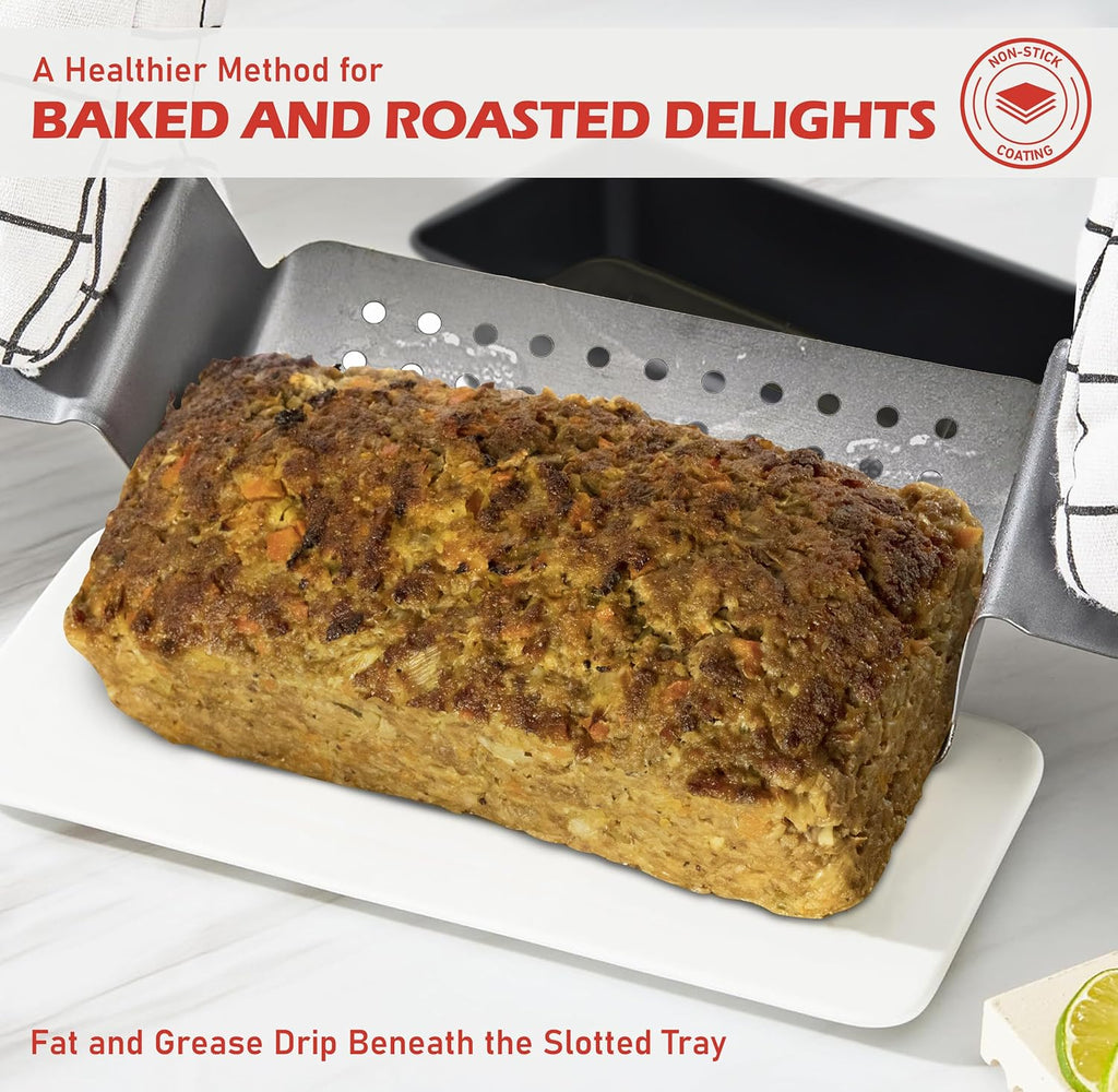 PERLLI Nonstick Meat Loaf Pan with Drip Tray - 9.8 x 5.7 In. High-Carbon Steel, BPA-Free, Perfect for Baking & Roasting