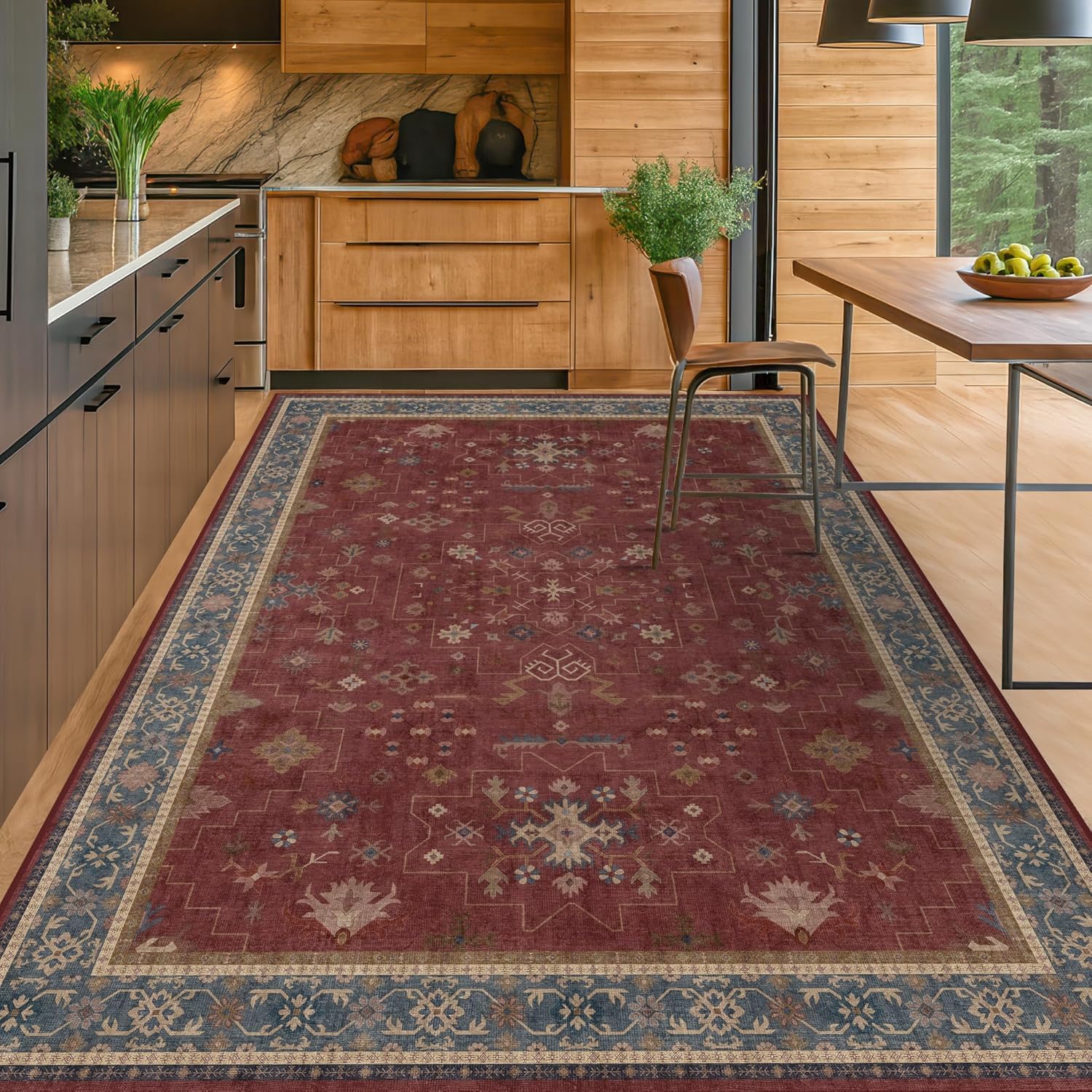 Regine Switzerland Vintage Burgundy 7x9 Dining Room Rug - Lightweight, Washable Boho Carpet for Aesthetic Living Spaces
