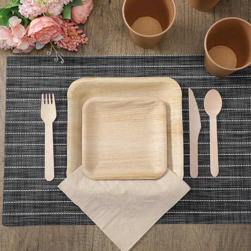 Bokon 350 Pcs Palm Leaf Disposable Dinnerware Set for 50 Guests, 50 Square Palm Leaf Plates 50 Dessert Plates 50 Forks 50 Spoons 50 Knives 50 Cups 50 Paper Napkins for Wedding Birthday Party Supplies