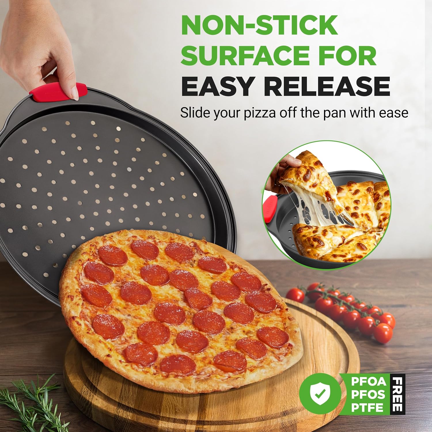 NutriChef 13-Inch Nonstick Pizza Tray - Round Carbon Steel Pan with Perforated Holes & Silicone Grip Handles
