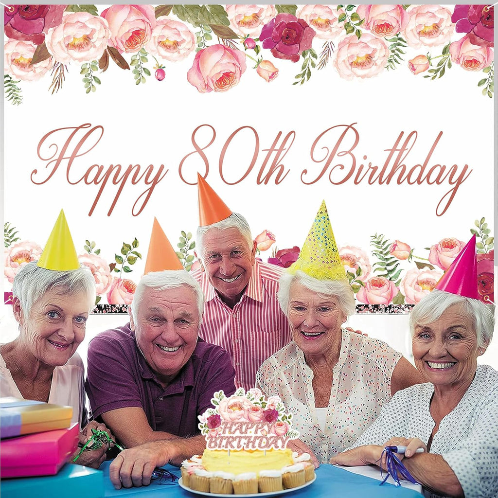 Vlipoeasn 80th Birthday Decorations - Rose Gold Backdrop Banner, Cake Topper & Swirl Hanging Decor