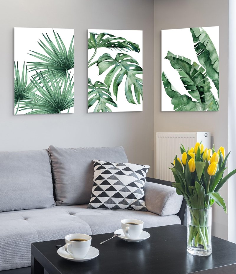 EAHunt Tropical Leaf Canvas Wall Art, Green Palm and Monstera Prints, Modern Botanical Wall Picture Minimalist Art Home Decor for Livingroom Bedroom Office 16"×24"×3-Piece Set