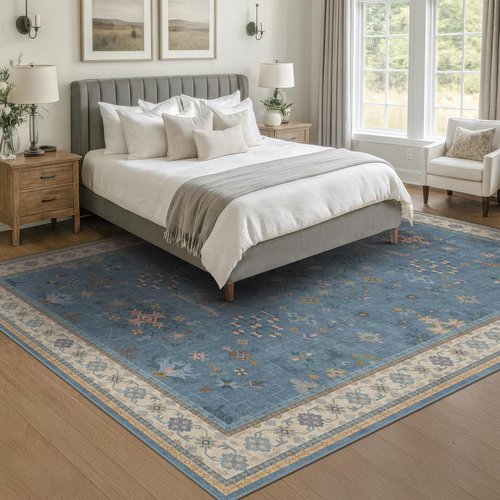 Boho 7x9 Living Room Rug - Modern Dark Blue Lightweight Washable Carpet for Dining & Bedroom