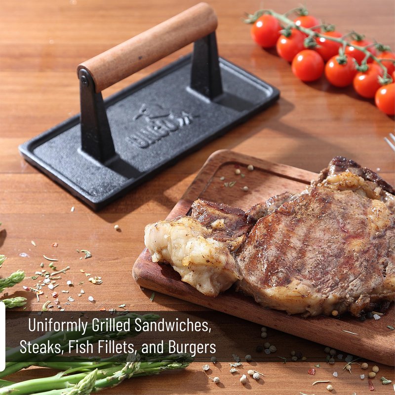 UNCO- Cast Iron Grill Press, 8.5 x 4.1 Inch, 2.6 lbs, Burger Press for Griddle, Sandwich Press, Bacon Press for Griddle, Griddle Press, Meat Press Cast Iron, Hamburger Press for Griddle