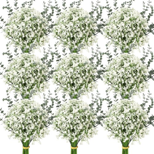 Retrowavy 250 Pcs Babys Breath Artificial Flowers Bulk Babys Breath Flowers Gypsophila Bouquets with Faux Eucalyptus Stems Leaves for Wedding Bouquet Party Filler Home Decor