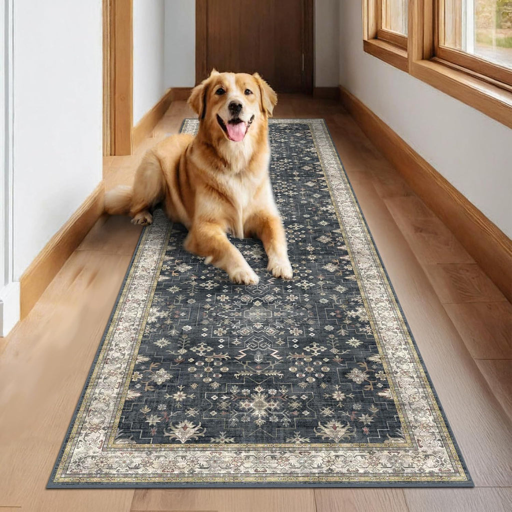 Skiennix Black Washable 10ft Long Runner Rug - Non-Slip Rubber Backing | Boho Vintage Design