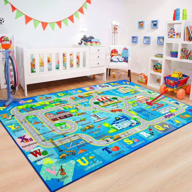 Chicrug 5x7 Car Road Area Rug for Kids Playroom Bedroom, Non Slip Low Pile Washable ABC Alphabet Carpet for Classroom, Track Play Mat for Toddler Children Nursery Baby Room Decor, Blue