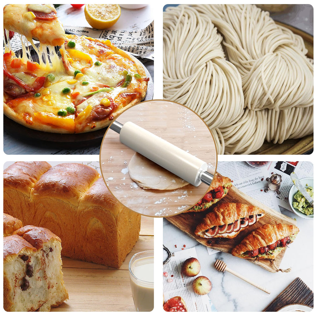 Mepple Marble Rolling Pin with Stainless Steel Handle for Baking,Fondant,Pizza,Cookie Crust,Pie,Cookies,Pastry, 18.5”(Includes handle) Marble Rolling Pin with 3 Multi-Color Thicknesses and Wood Stand