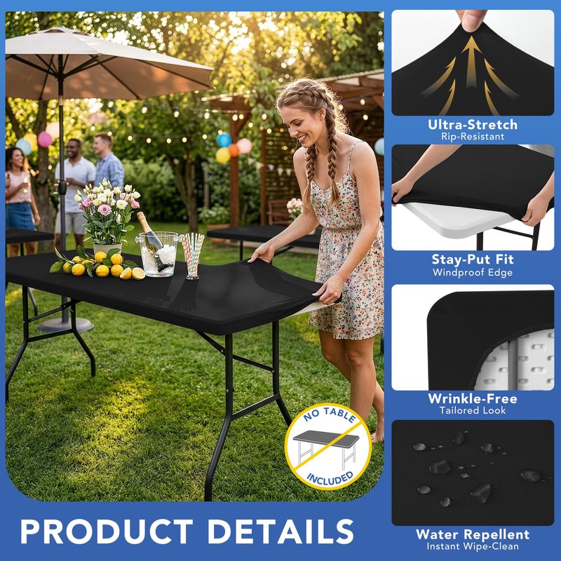 Enjoyidea Fitted Table Cloth Rectangle Table 42x72 Inch-2 Pack Black Elastic Spandex Table Cover-Small Stretch Folding Table Cloths Topper Cap for Kitchen Dining Picnic Patio Outdoor Party Tables