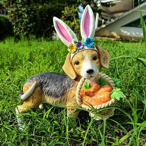Cynkeyee Dog Garden Statue - Adorable Beagle with Bunny Ears & Carrot Basket | 11.5"x4"x10.5" Indoor/Outdoor Decor