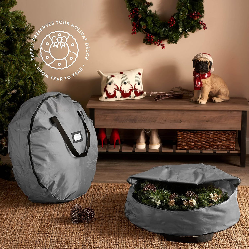ZOBER 48-Inch Oxford Christmas Wreath Storage Container - Waterproof Dual-Zipper Bag with Durable Handles - Gray