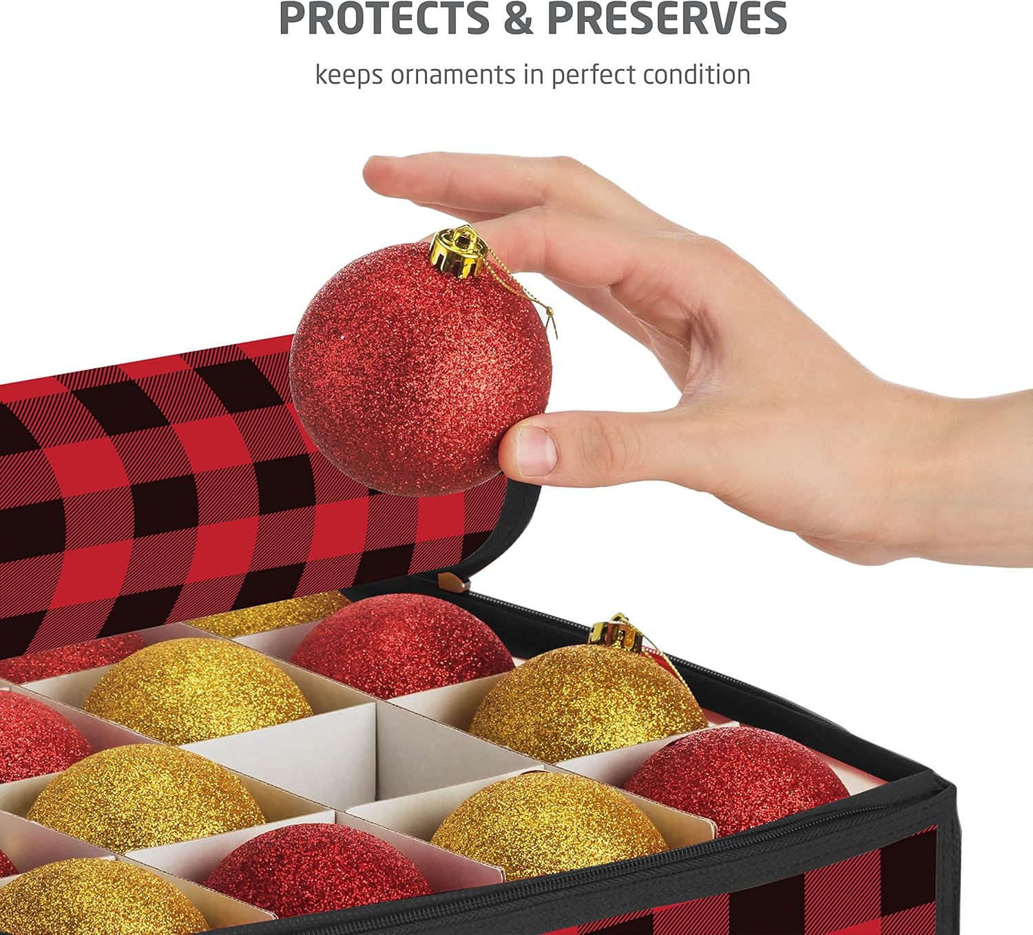 ZOBER Christmas Ornament Storage Box - Durable Plastic Organizer for 128 3" Ornaments | Plaid Design