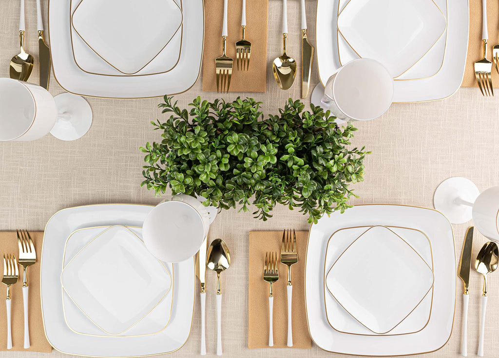 PLASTICPRO Square 128 Piece Combo Plates Set includes 64 x 7'' inch Plates & 64 x 10'' inch Dinner Plates White Plastic Gold Rim Design Party Plates, Premium heavyweight Elegant, Dishes,
