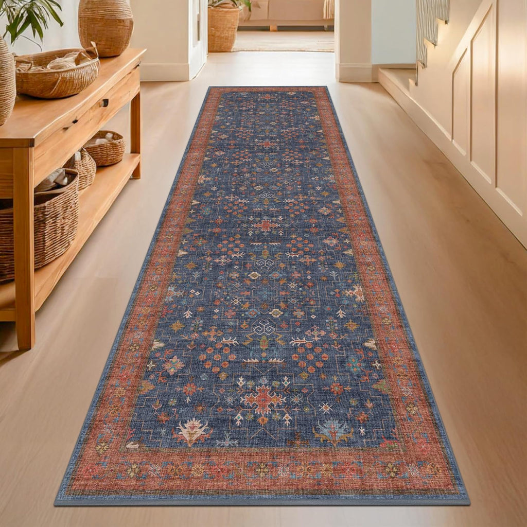 Skiennix Navy Blue Washable Runner Rug - 10 ft Long, Pet-Friendly, Non-Slip, Stain Resistant, 2'6" x 10'