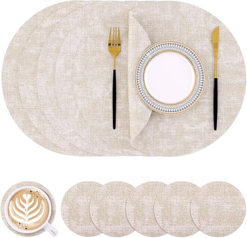 Homaxy Round Faux Leather Placemats - Washable Dual-Sided Dining Mats | Set of 6, 13" & 3.93" - Beige