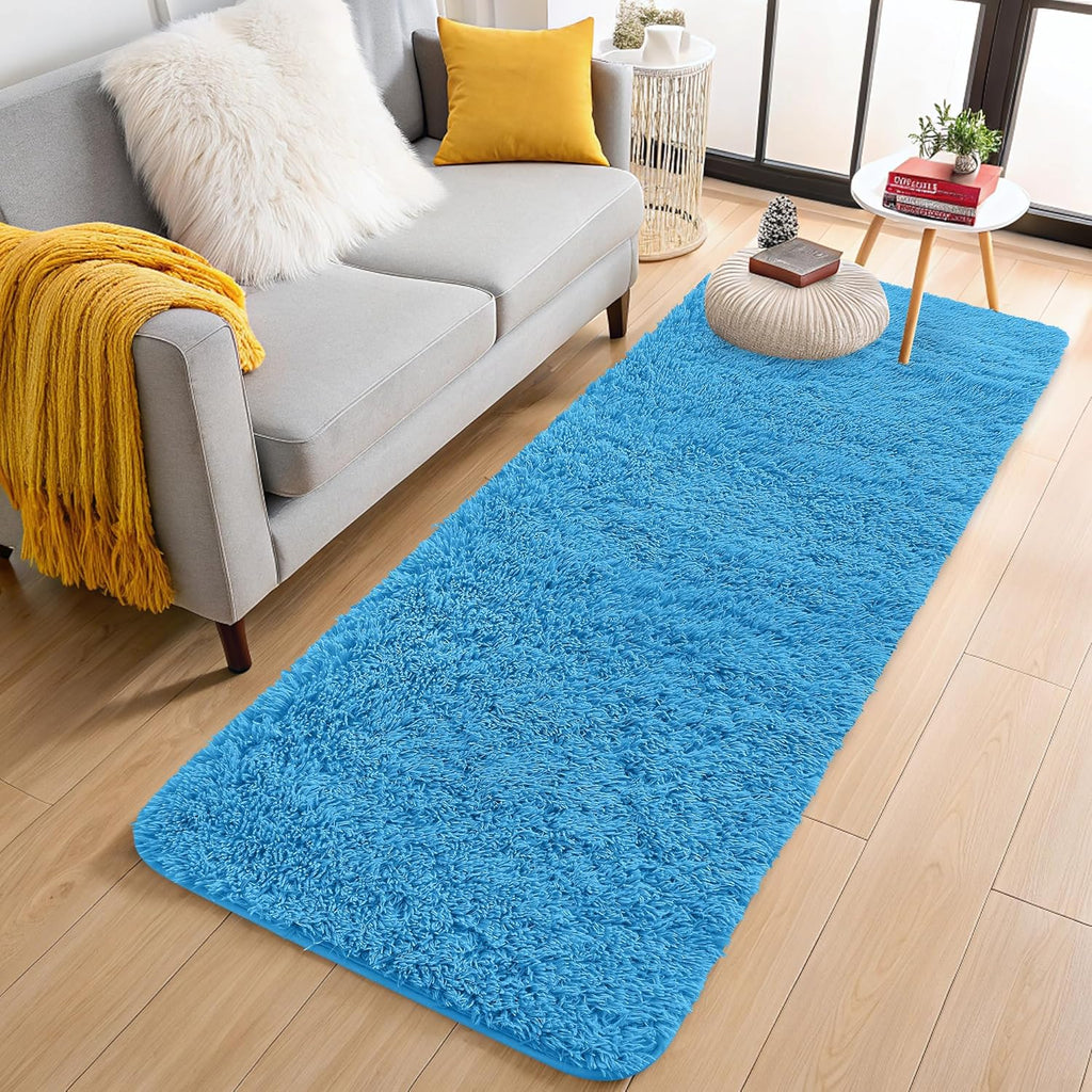 OLANLY Soft Fluffy 2x6 Machine Washable Runner Rug - Bright Blue Shaggy Carpet for Bedroom & Hallway