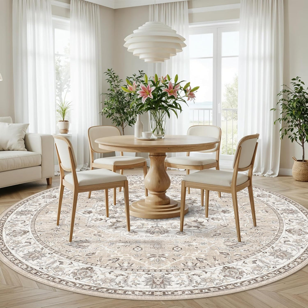 Washable 8ft Round Area Rug - Soft, Non-Slip Oriental Carpet for Living Room & Bedroom | Stain Resistant Beige