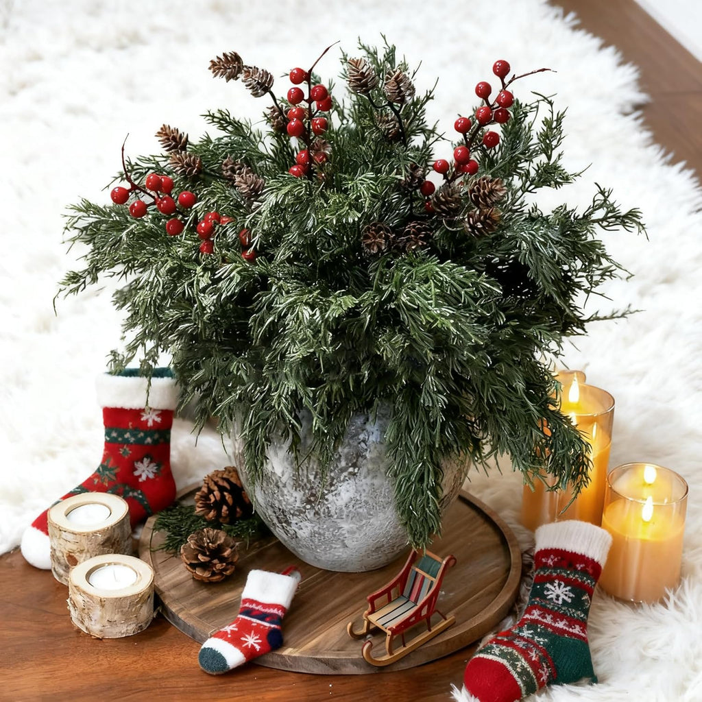 Skiennix Faux Cedar Stems - Realistic Norfolk Pine Branches for Christmas Decor | 12 Stems + Berries + Pinecones