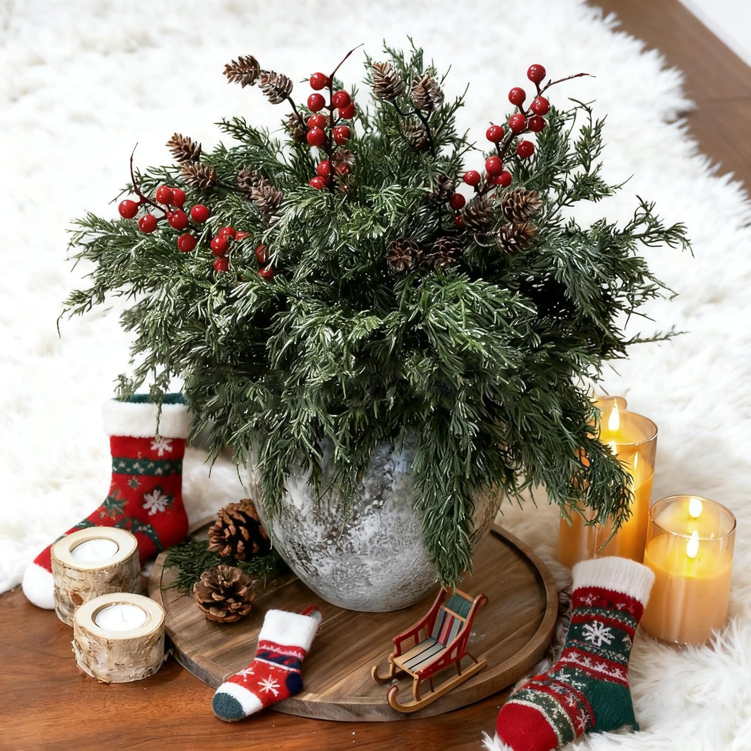 Skiennix Faux Cedar Stems - Realistic Norfolk Pine Branches for Christmas Decor | 12 Stems + Berries + Pinecones