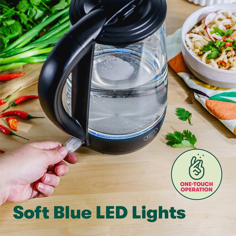 bella 1.7 Liter Glass Electric Kettle, Quickly Boil 7 Cups of Water in 6-7 Minutes, Soft Blue LED Lights Illuminate While Boiling, Cordless Portable Water Heater, Carefree Auto Shut-Off, Black