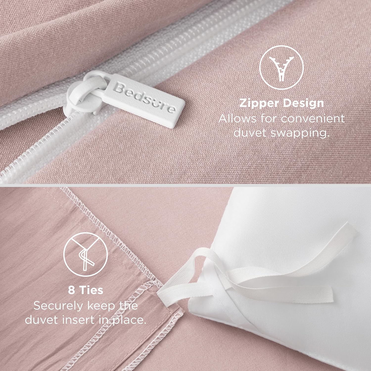 Bedsure King Size Duvet Cover Set - Soft Rose Pink Prewashed Cotton-Like Polyester, 3 Pieces with Zipper Closure