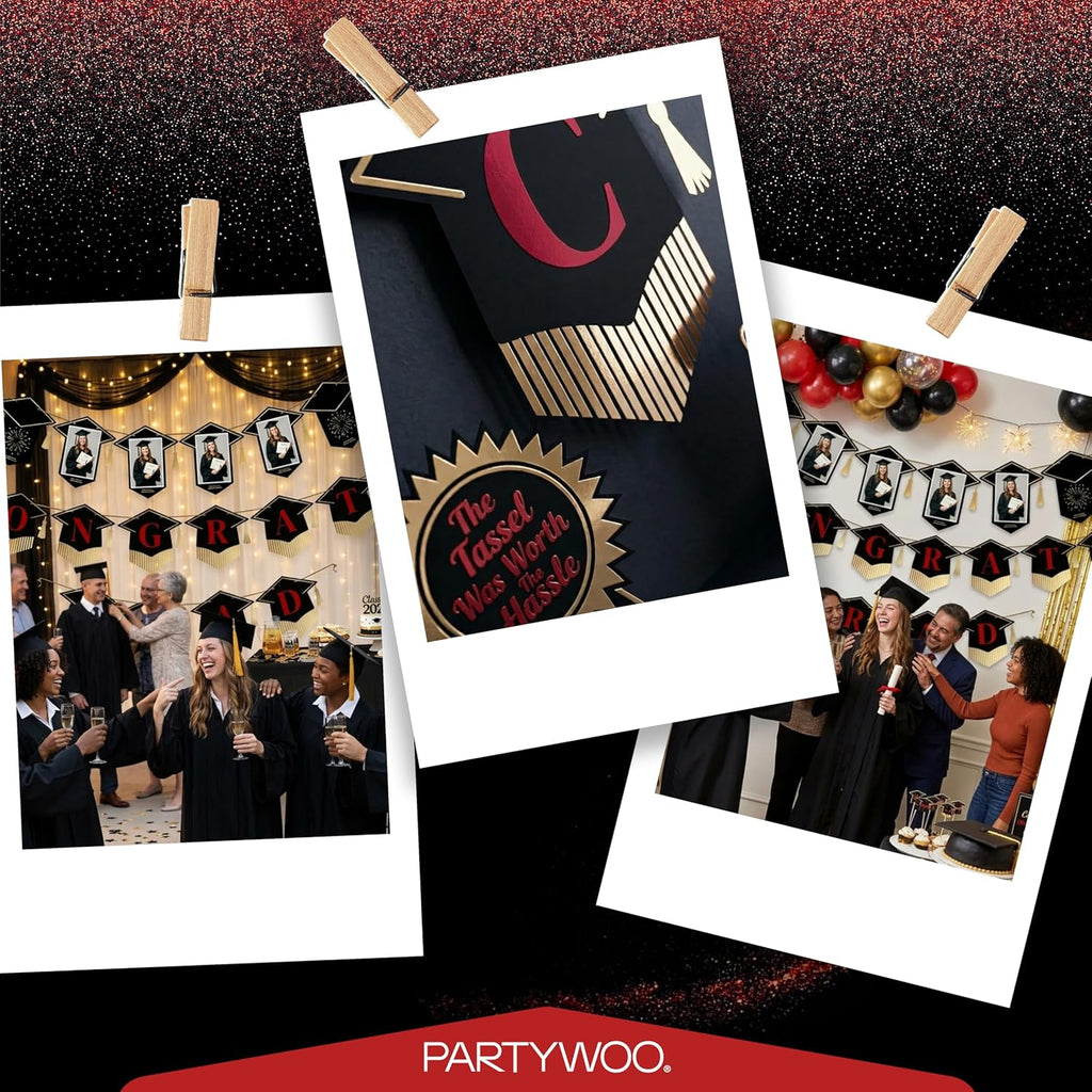PartyWoo Graduation Banner - Class of 2026 Black and Red Decorations | 2-Piece Hanging Congrats Grad Supplies